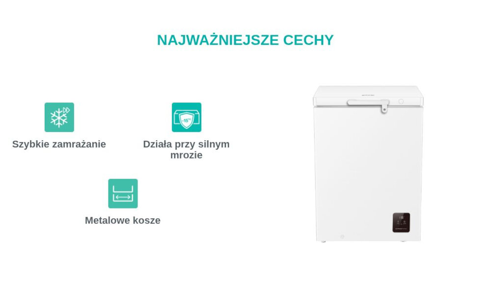 ZAMRAŻARKA GORENJE FH15E6W5 Grafika przedstawia najważniejsze funkcje zamrażarki skrzyniowej Gorenje. Urządzenie oferuje szybkie zamrażanie, pracę przy niskich temperaturach oraz metalowe kosze do przechowywania produktów
