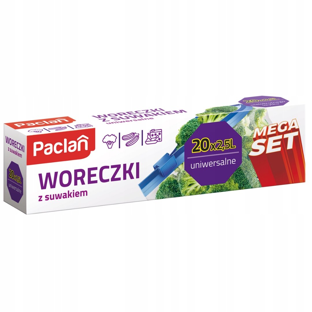 Opakowanie woreczków strunowych z suwakiem marki Paclan, zawierające 20 sztuk o pojemności 2,5 litra. Na opakowaniu widnieje napis \'MEGA SET\' oraz ikony sugerujące zastosowanie do przechowywania żywności.