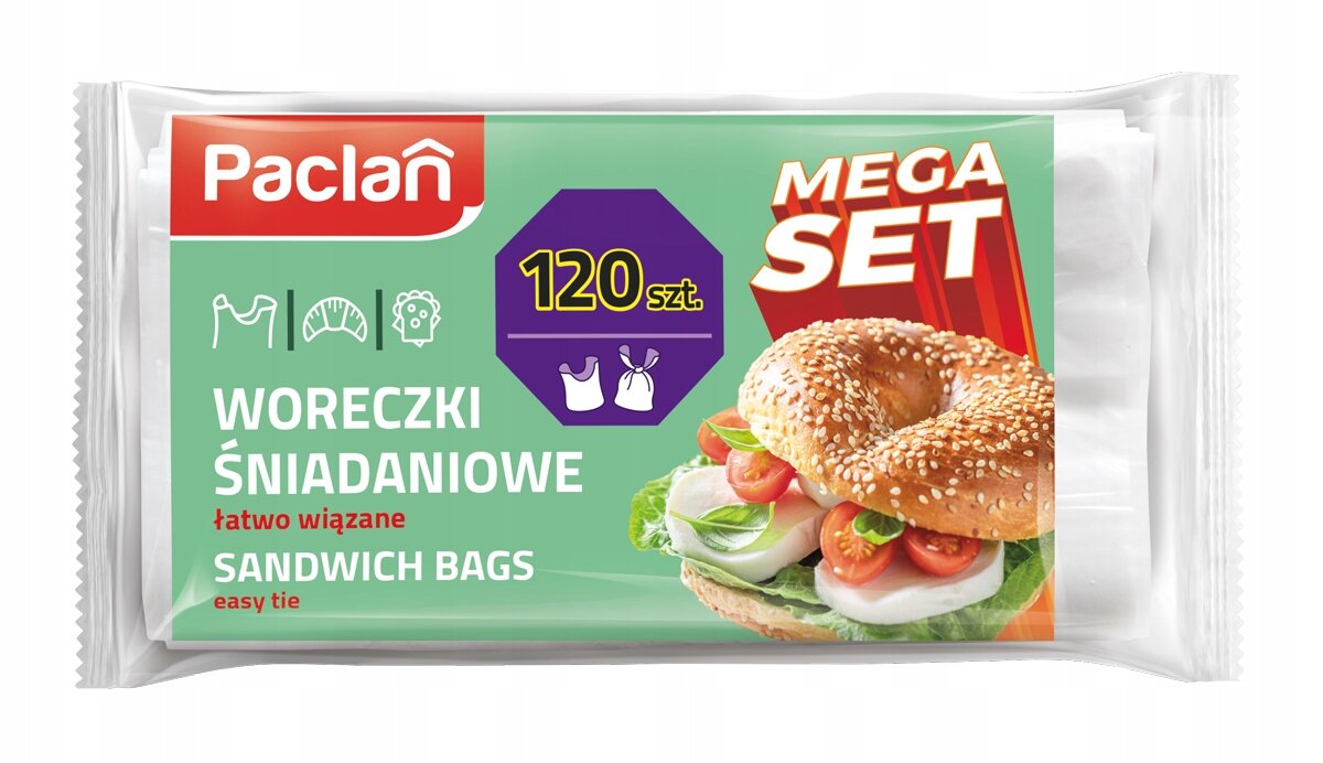 Opakowanie woreczków śniadaniowych marki Paclan z napisem \'Woreczki Śniadaniowe łatwo wiązane 120 szt. Mega Set\'. Na opakowaniu widoczny jest obrazek bajgla z warzywami i wędliną.