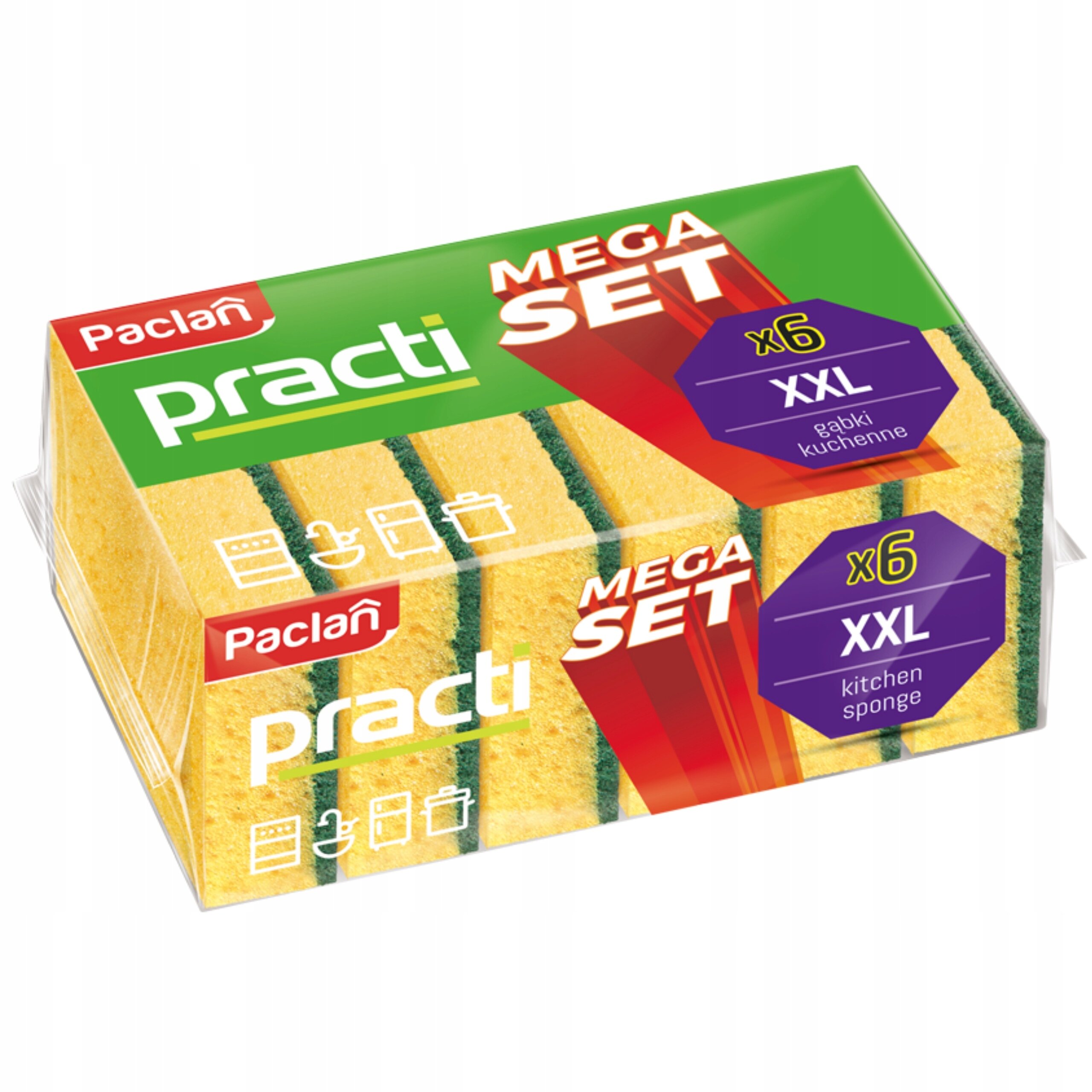 Opakowanie zawiera sześć żółtych gąbek kuchennych z zielonym paskiem, oznaczone jako \'Paclan Practi Mega Set XXL\'. Na opakowaniu widnieją ikony sugerujące zastosowanie w kuchni oraz tekst \'x6 XXL kitchen sponge\'.