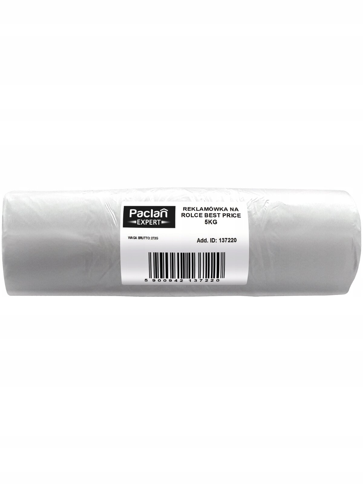 Na obrazie widoczna jest rolka przezroczystych reklamówek z etykietą zawierającą tekst: \'Paclan EXPERT REKLAMÓWKA NA ROLCE BEST PRICE 5KG WAGA BRUTTO 275G Add. ID: 137220\'.
