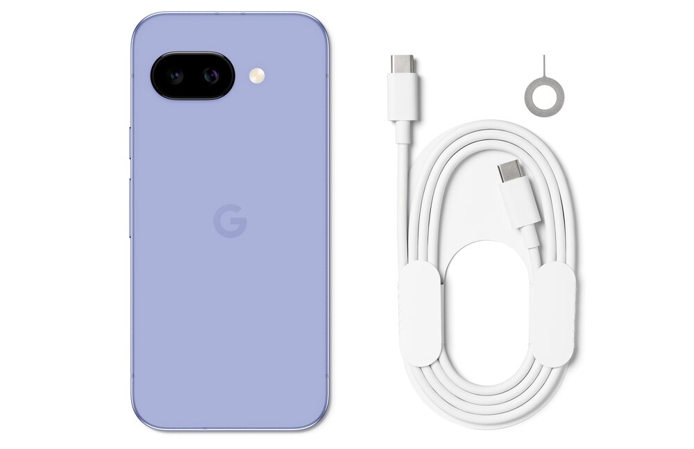 Na obrazie widoczny jest tył fioletowego smartfona z logo \'G\', obok którego znajduje się biały kabel USB-C oraz metalowy kluczyk do tacki SIM.