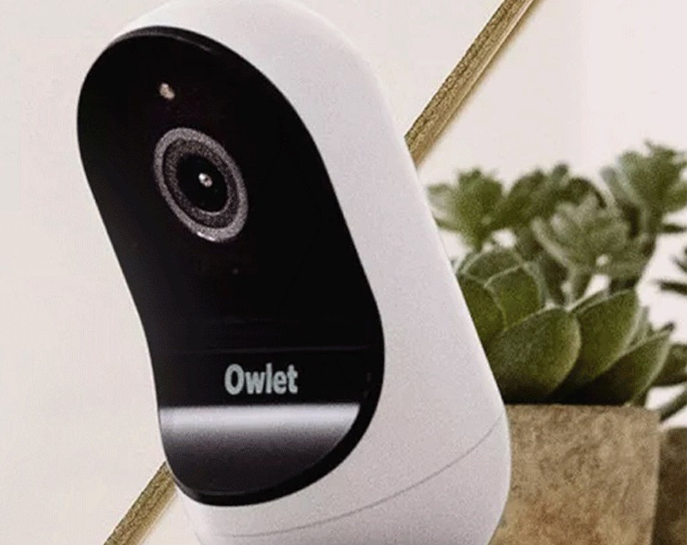 Na obrazie widoczna jest elektroniczna niania z napisem \'Owlet\' na czarnej powierzchni. W tle znajdują się zielone rośliny w doniczce.