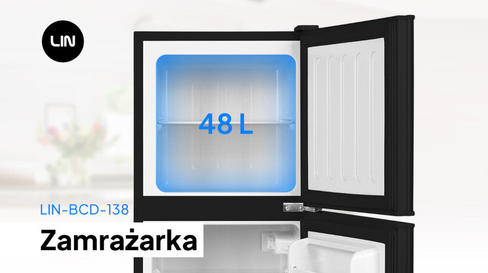 Obraz przedstawia otwartą czarną zamrażarkę z widoczną komorą o pojemności 48 litrów. Na obrazie znajduje się tekst: \'LIN-BCD-138 Zamrażarka\' oraz logo \'LIN\'.
