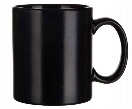 Czarny, matowy kubek o pojemności 350 ml z uchem, bez nadruku.