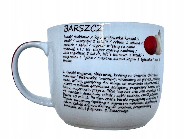 Duży ceramiczny kubek z przepisem na barszcz, zawierający szczegółowe instrukcje przygotowania oraz listę składników. Na kubku widoczny jest również obrazek przedstawiający buraka i czosnek.