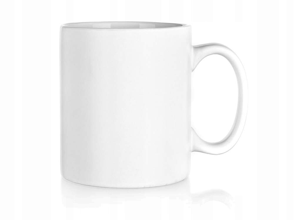 Biały, matowy kubek bez nadruku z uchem, o pojemności 350 ml.