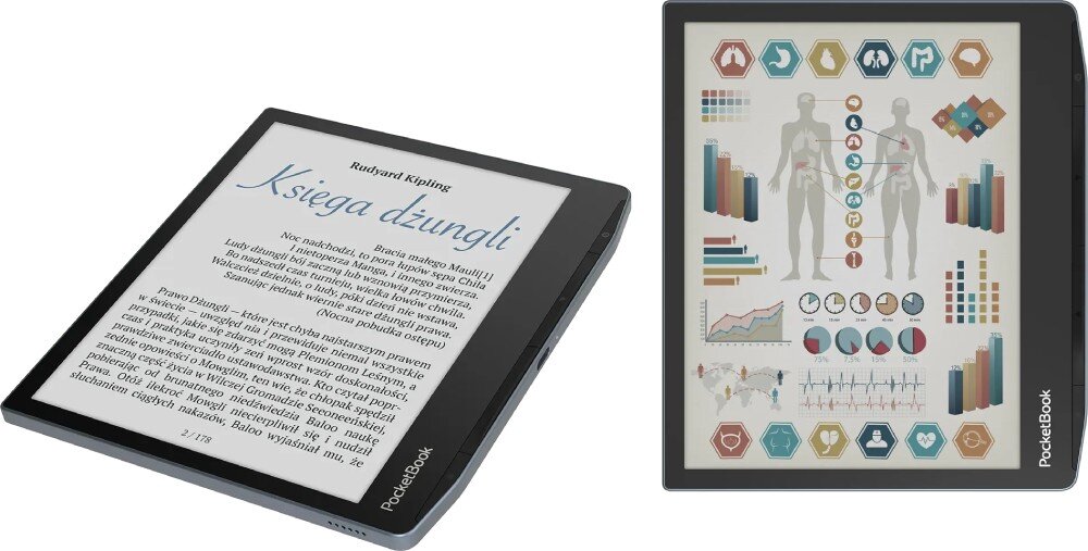 Na obrazie widoczne są dwa czytniki e-booków marki PocketBook. Jeden z nich wyświetla tekst \'Księga dżungli\', a drugi różnorodne wykresy i ikony związane z anatomią człowieka.