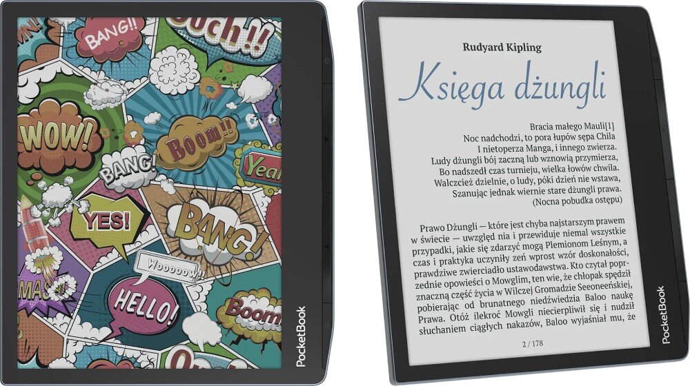 Dwa czytniki e-booków z widocznymi ekranami; jeden z kolorowymi grafikami komiksowymi z napisami takimi jak \'BANG!\', \'WOW!\', \'HELLO!\', drugi z tekstem książki \'Księga dżungli\' autorstwa Rudyarda Kiplinga. Na obu urządzeniach widoczne jest logo \'PocketBook\'.