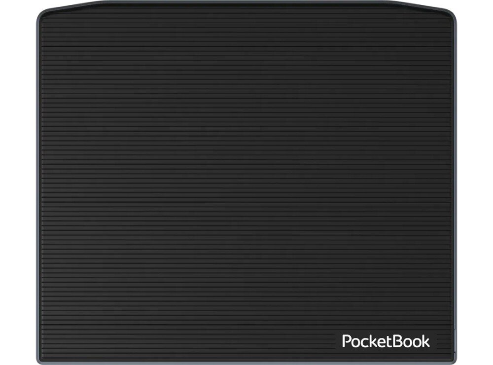Czarny, prostokątny czytnik e-booków z subtelnymi poziomymi liniami na powierzchni. W prawym dolnym rogu widoczne jest logo \'PocketBook\'.