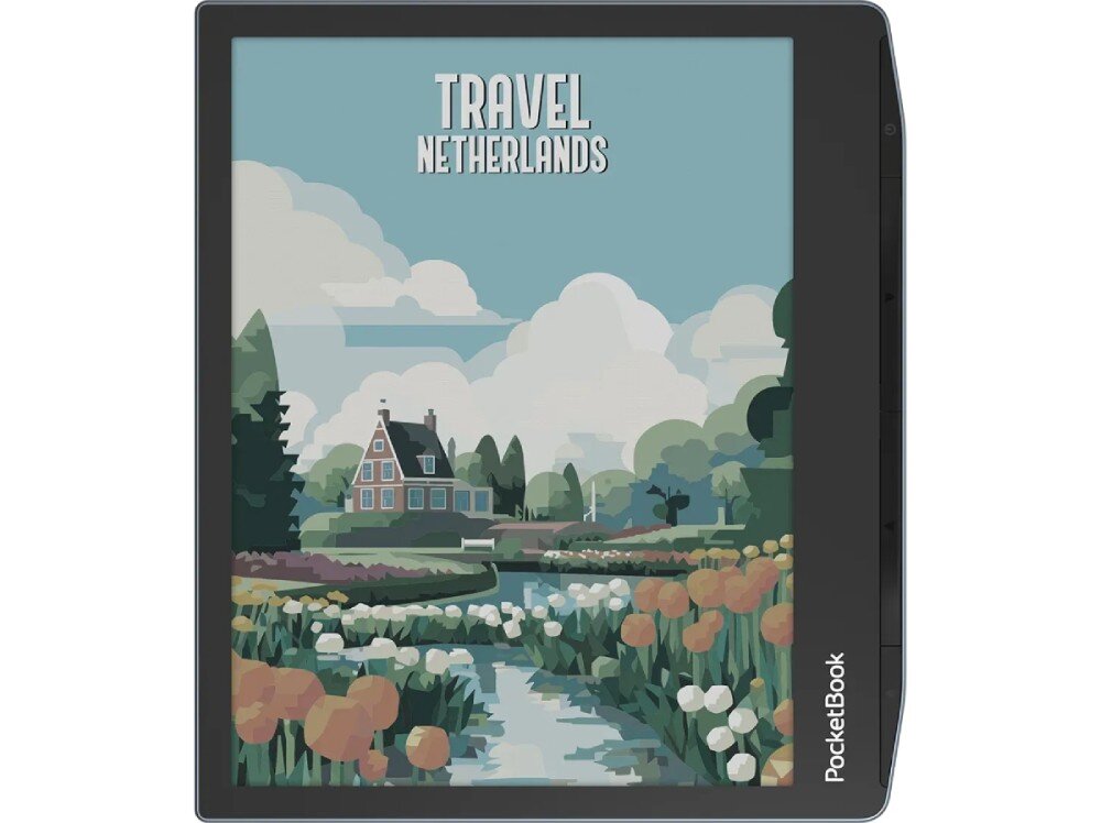 Czytnik e-booków z kolorowym ekranem wyświetla grafikę przedstawiającą krajobraz z domem, tulipanami i napisem \'TRAVEL NETHERLANDS\'. Na obudowie widoczne jest logo \'PocketBook\'.