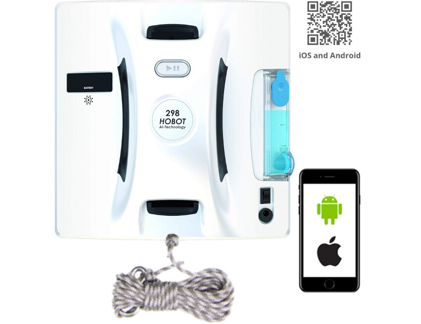 Na obrazie widoczny jest biały robot do mycia okien z napisem \'298 HOBOT AI-Technology\', obok którego znajduje się smartfon z logo Android i Apple oraz kod QR z napisem \'iOS and Android\'.