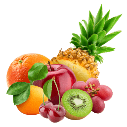 Na obrazie widoczne są różne owoce, w tym ananas, pomarańcza, jabłko, kiwi, winogrona i wiśnie. Owoce są ułożone w grupie na białym tle.