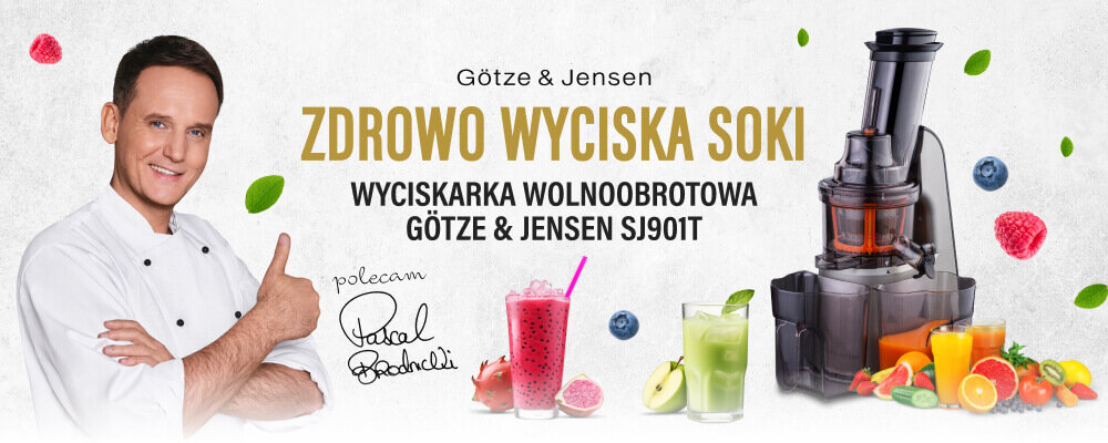 Obraz przedstawia wyciskarkę wolnoobrotową Götze & Jensen SJ901T oraz różne soki owocowe. Widoczny jest tekst: \'Götze & Jensen Zdrowo wyciska soki Wyciskarka wolnoobrotowa Götze & Jensen SJ901T polecam Pascal Brodnicki\'.