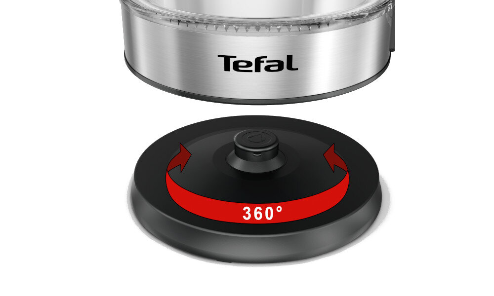 Obraz przedstawia podstawę czajnika z napisem \'360°\' oraz logo \'Tefal\' na metalowej części czajnika.