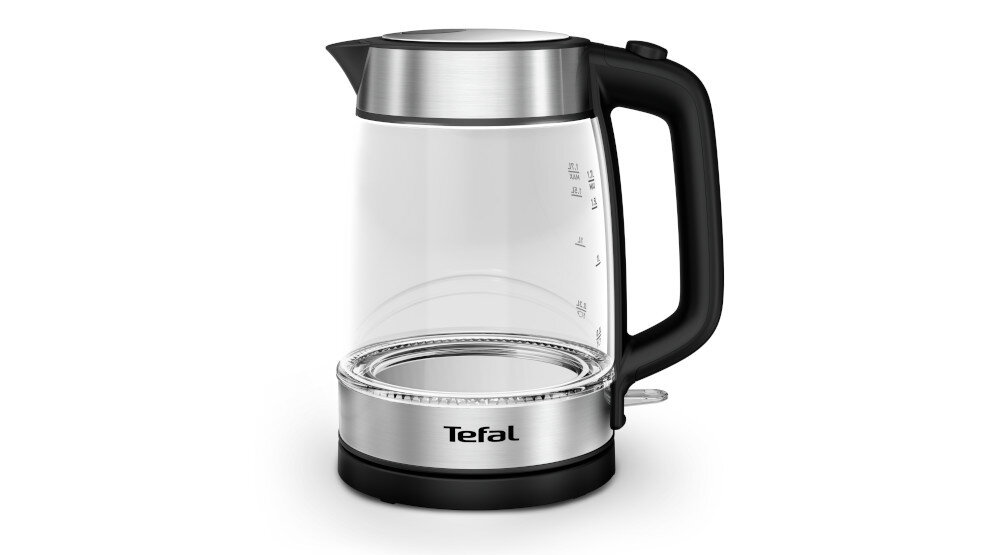 Szklany czajnik elektryczny z czarnym uchwytem i metalowymi elementami, z widocznym logo \'Tefal\' na podstawie. Na szklanej części znajdują się oznaczenia poziomu wody.
