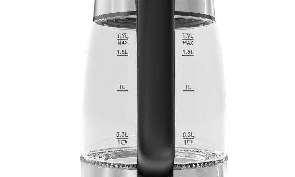 Szklany czajnik z miarką pojemności od 0.3L do 1.7L, z czarnym uchwytem pośrodku.
