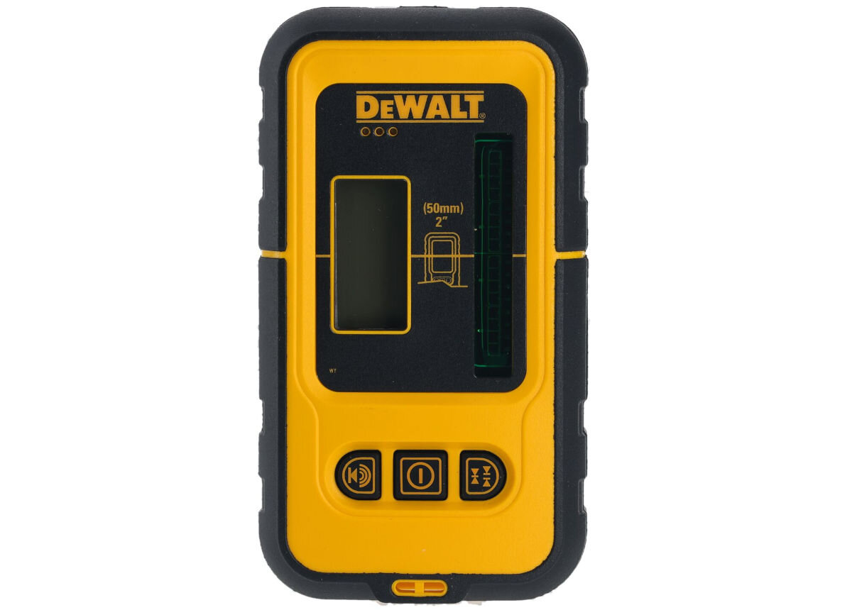 Detektor wiązki laserowej w kolorze żółto-czarnym z logo DEWALT na górze. Na urządzeniu widoczne są przyciski oraz wyświetlacz z oznaczeniem \'(50mm) 2\