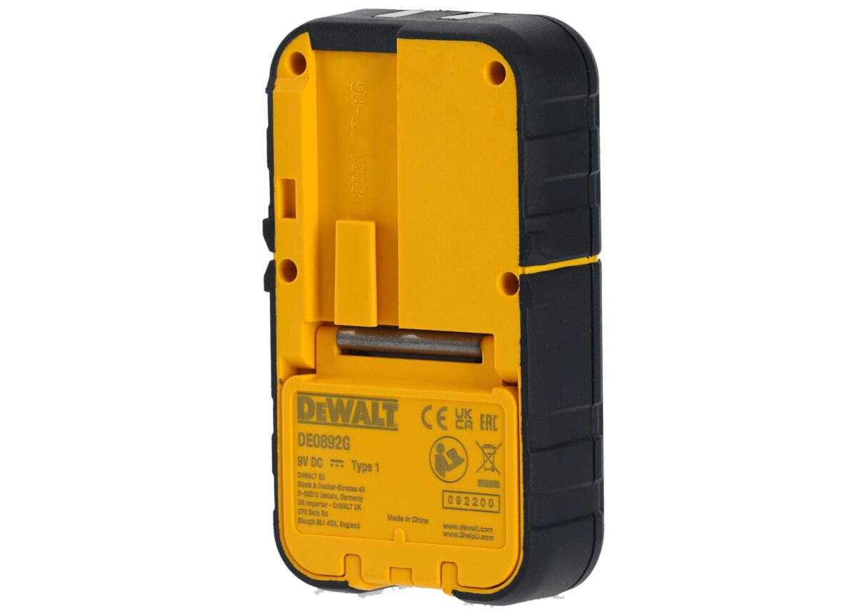 Urządzenie w kolorze żółto-czarnym z widocznym logo \'DEWALT\' oraz oznaczeniami modelu \'DE0892G\'. Na obudowie znajdują się symbole certyfikacyjne i numer seryjny \'082200\'.