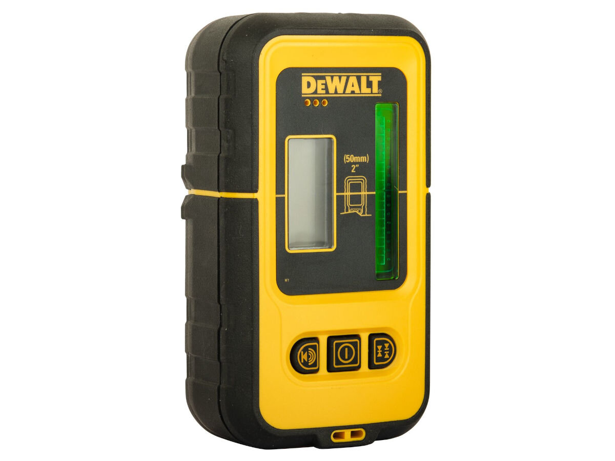 Urządzenie w kolorze żółto-czarnym z logo DEWALT, posiada wyświetlacz z oznaczeniem \'(50mm) 2\'\' oraz trzy przyciski na dole.