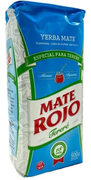 Opakowanie Yerba Mate Rojo Elaborada Especial Para Terere 500g z niebiesko-białą grafiką i czerwonym napisem \'MATE ROJO\'. Widoczny jest również zielony napis \'Especial Para Tereré\' oraz informacja \'18 meses de estacionamiento\'.