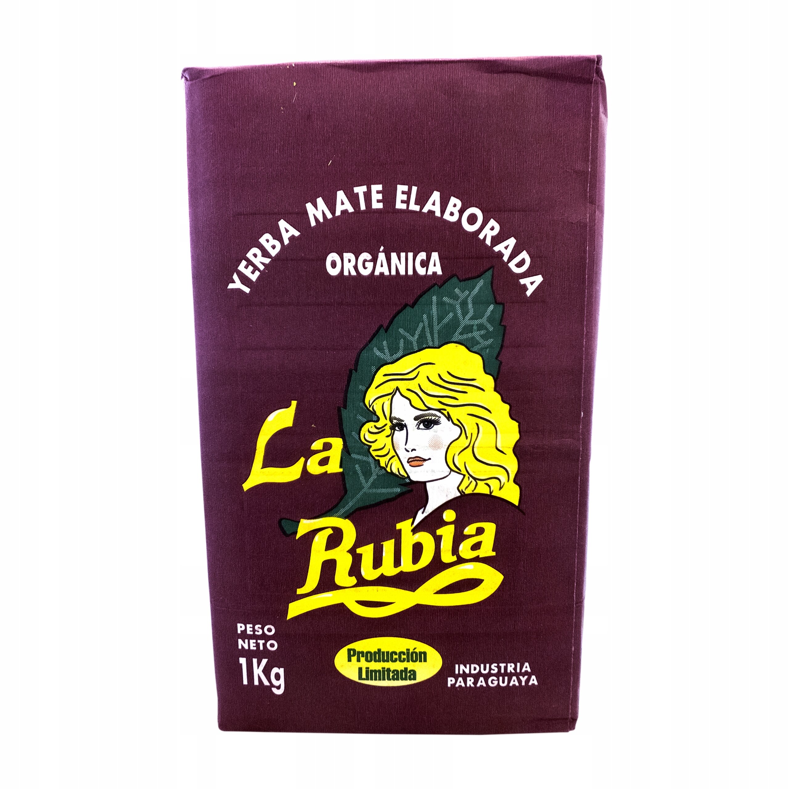 Opakowanie Yerba Mate La Rubia Elaborada o wadze 1 kg, z grafiką przedstawiającą blondynkę na tle liścia. Na opakowaniu widnieją napisy: \'YERBA MATE ELABORADA\', \'ORGÁNICA\', \'La Rubia\', \'Peso Neto 1Kg\', \'Producción Limitada\', \'Industria Paraguaya\'.