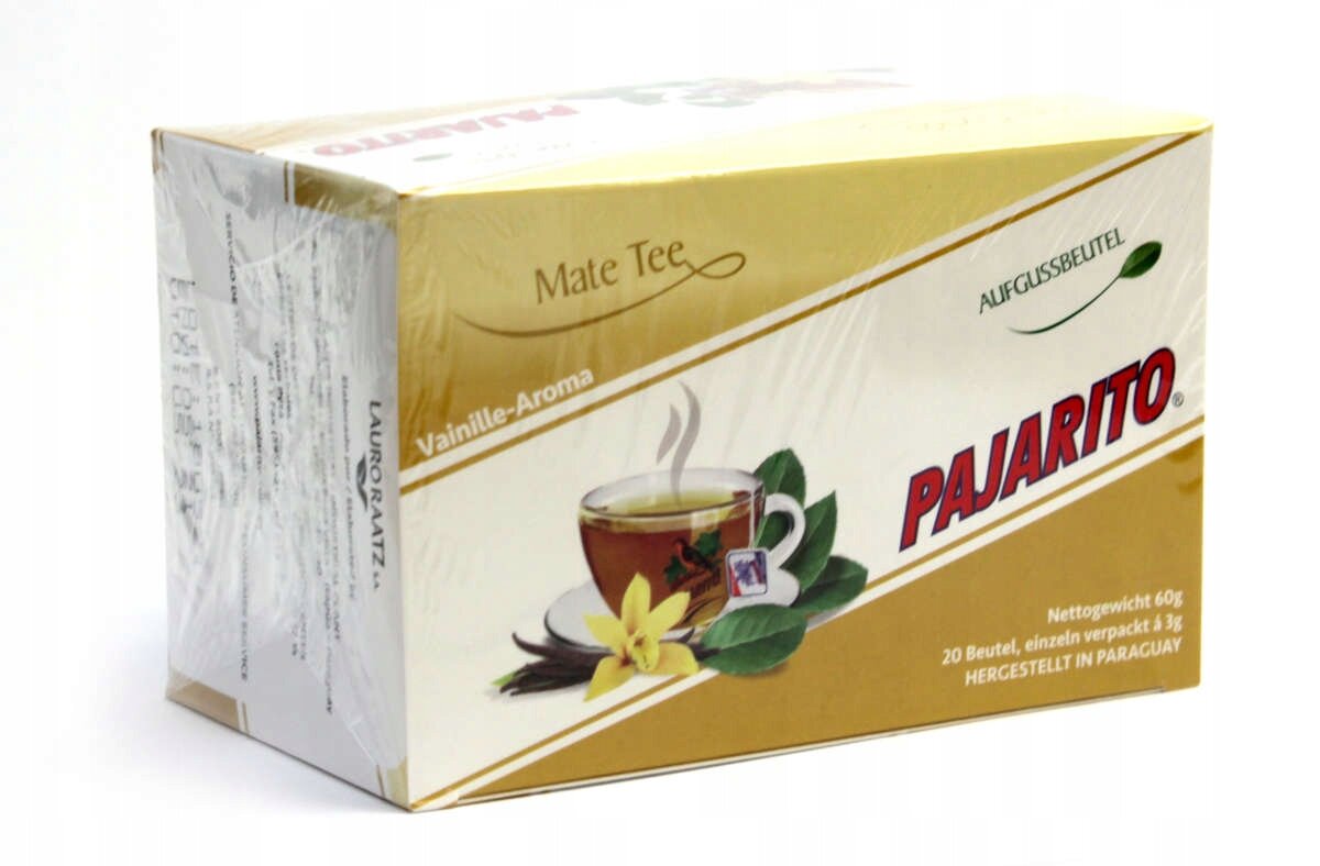Opakowanie herbaty Mate Tee Pajarito o aromacie waniliowym, zawierające 20 torebek po 3g każda. Na opakowaniu widoczna jest filiżanka z herbatą, liście i kwiat wanilii.