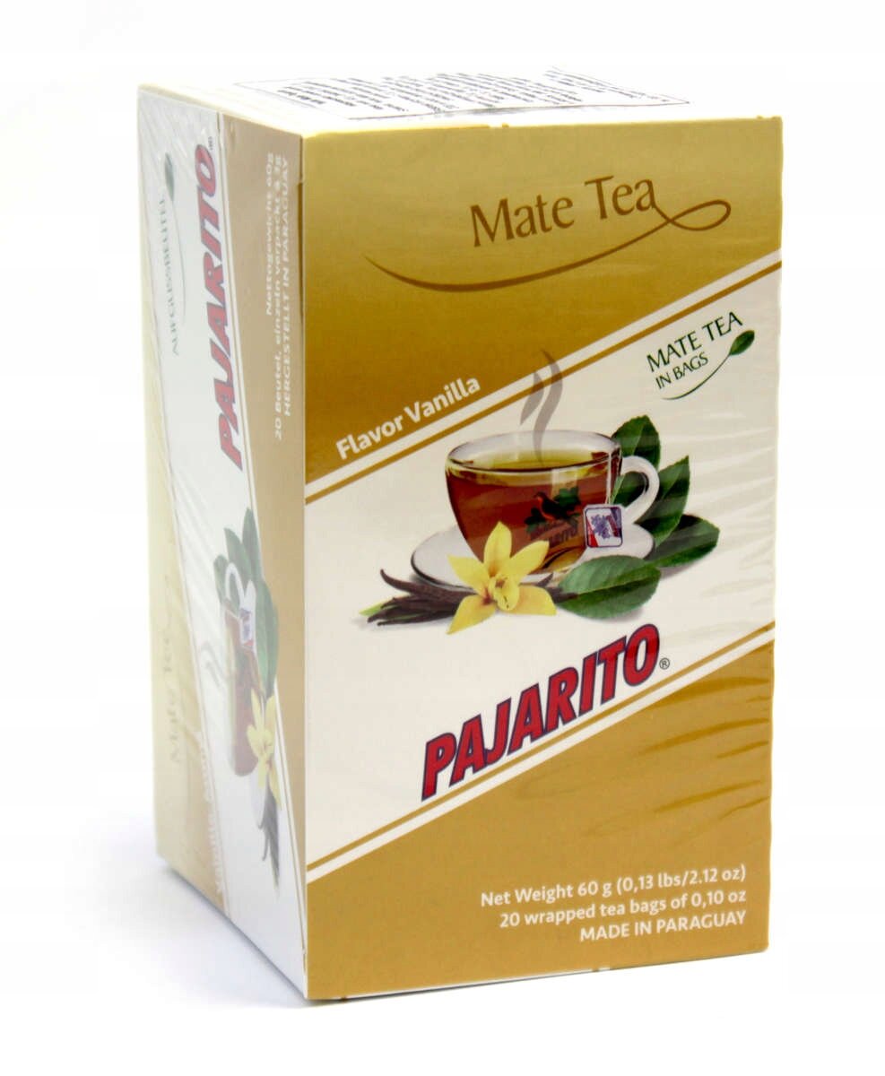Opakowanie herbaty Mate Tea o smaku waniliowym marki Pajarito. Na opakowaniu widoczna jest filiżanka herbaty, wanilia i liście, z napisem \'Flavor Vanilla\' oraz \'Mate Tea in Bags\'.