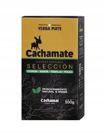 Opakowanie Yerba Mate Cachamate PREMIUM Hierbas Serranas Seleccion Especial 500g z widocznym logo Cachamate i grafiką liści. Na opakowaniu znajdują się napisy: \'Yerba Mate\', \'Seleccion\', \'Cedrón\', \'Menta\', \'Tomillo\', \'Poleo\', \'Estacionamiento Natural 12 Meses\', \'Cachamai\', \'500g\'.
