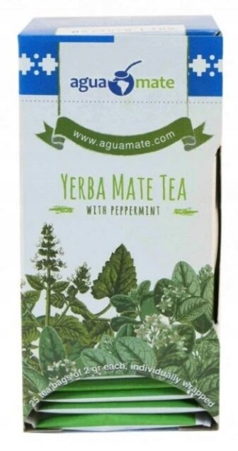 Opakowanie herbaty Yerba Mate Tea with Peppermint z grafiką liści mięty i napisem \'25 teabags 2 g each, individually wrapped\'.