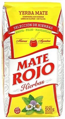 Opakowanie Yerba Mate Mate Rojo Compuesta Hierbas Menta Poleo Manzanilla 500g z widocznymi napisami: \'YERBA MATE\', \'SELECCIÓN DE HIERBAS\', \'Menta - Poleo - Manzanilla\', \'Mate Rojo Hierbas\'.