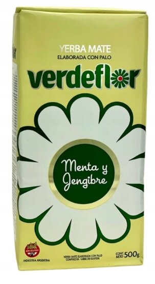 Opakowanie Yerba Mate Verdeflor Menta y Jengibre 500 g z dużym białym kwiatem na zielonym tle. Widoczny tekst: \'Yerba Mate Elaborada Con Palo\', \'verdeflor\', \'Menta y Jengibre\', \'Contenido Neto 500 g\'.