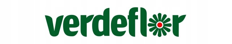 Logo z napisem \'verdeflor\' w zielonym kolorze, z kwiatowym motywem w literze \'o\' z czerwonym środkiem.