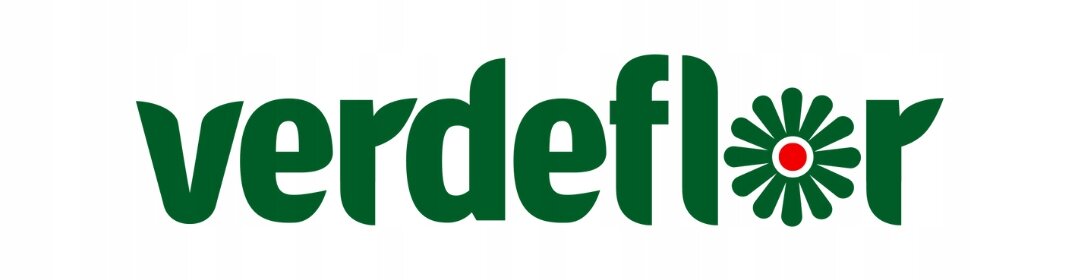 Logo z napisem \'verdeflor\' w zielonym kolorze, z kwiatowym wzorem w literze \'o\' z czerwonym środkiem.
