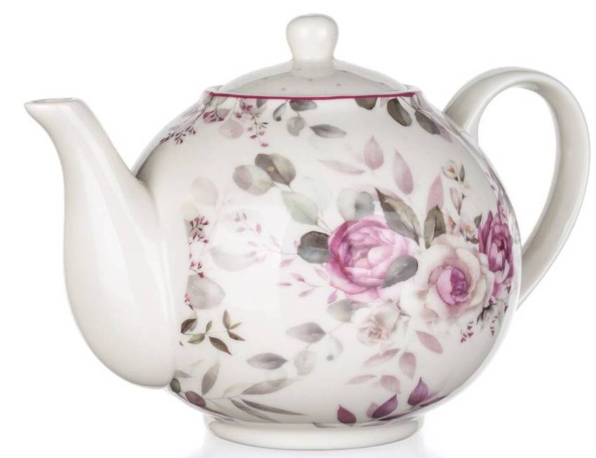 Ceramiczny imbryk o pojemności 1 litra z motywem róż w odcieniach różu i zieleni. Posiada klasyczny kształt z uchwytem i dzióbkiem.
