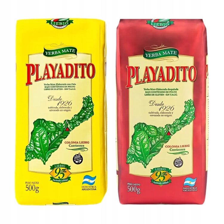 Dwa opakowania Yerba Mate Playadito, jedno żółte z napisem \'Elaborada\', drugie czerwone z napisem \'Despalada\', każde o wadze 500g. Na obu opakowaniach widoczne są zielone liście oraz logo \'Liebig\'.
