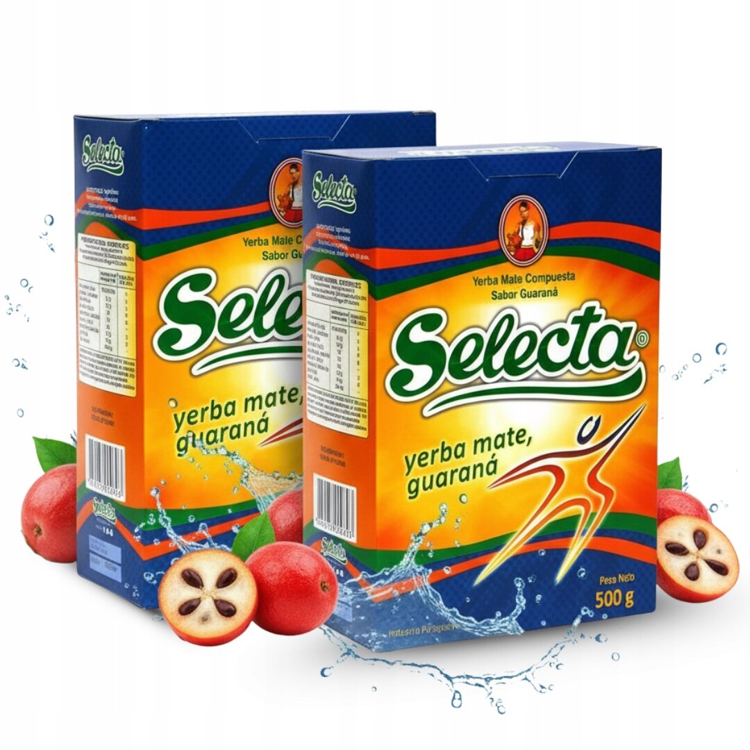 Dwa opakowania Yerba Mate Selecta Guarana o wadze 500 g każde, z widocznym logo Selecta i grafiką owoców guarana oraz rozpryskującą się wodą. Na opakowaniach znajduje się napis \'yerba mate, guaraná\'.