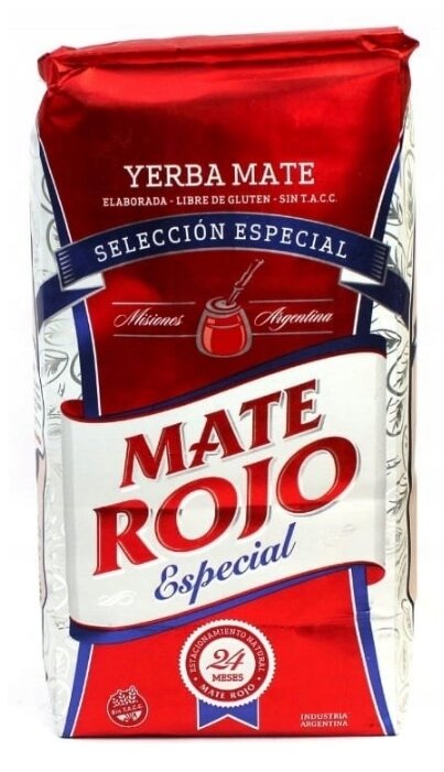 Opakowanie Yerba Mate w kolorze czerwonym z białymi i niebieskimi elementami, z napisem \'MATE ROJO Especial\'. Widoczny jest również napis \'Selección Especial\' oraz symbol yerba mate.