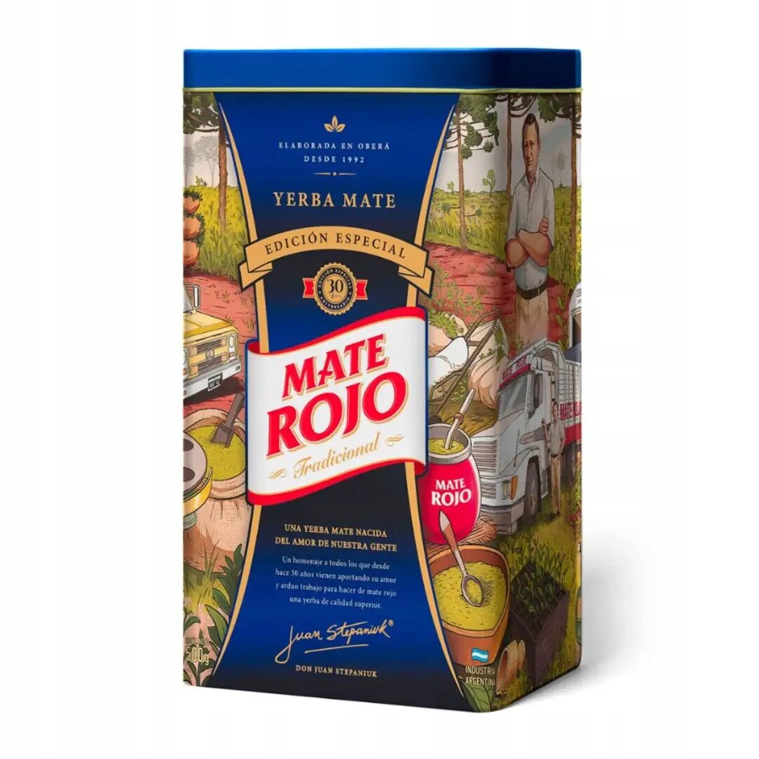 Metalowa puszka z yerba mate o nazwie \'Mate Rojo Tradicional\', z kolorową grafiką przedstawiającą sceny z plantacji i napisami: \'Yerba Mate\', \'Edición Especial\', \'Una yerba mate nacida del amor de nuestra gente\'.