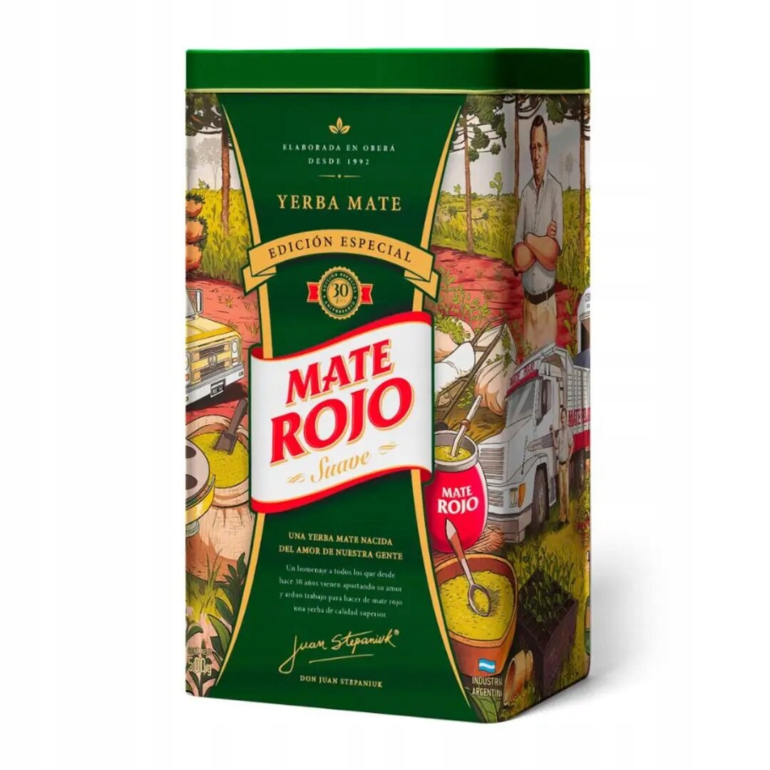 Metalowa puszka z yerba mate Mate Rojo Suave, ozdobiona kolorową grafiką przedstawiającą krajobraz i postać mężczyzny. Na etykiecie widnieje napis: \'Yerba Mate Edición Especial Mate Rojo Suave\'.