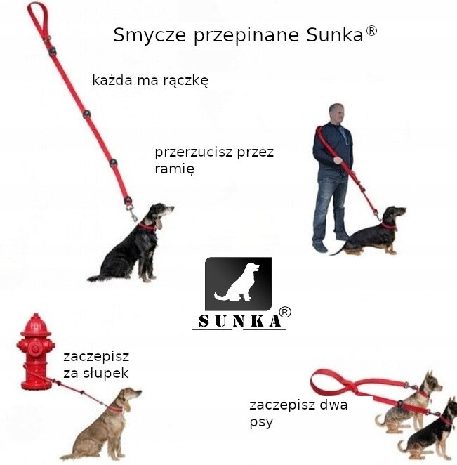 Obraz przedstawia czerwoną smycz przepinaną z logo \'SUNKA\' oraz różne sposoby jej użycia: przez ramię, za słupek i do dwóch psów. Widoczny jest tekst: \'Smycze przepinane Sunka\', \'każda ma rączkę\', \'przerzucisz przez ramię\', \'zaczepisz za słupek\', \'zaczepisz dwa psy\'.