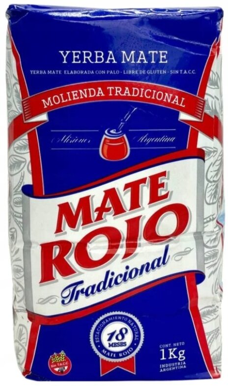 Opakowanie Yerba Mate Rojo Elaborada Molienda Tradicional 1kg z dominującymi kolorami niebieskim, czerwonym i białym. Widoczny tekst: \'Yerba Mate\', \'Mate Rojo Tradicional\', \'Molienda Tradicional\', \'1 Kg\', \'Industria Argentina\'.