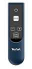 Pilot z czterema przyciskami, w tym przyciskiem zasilania i przyciskiem \'Mute\', na ciemnym tle. Widoczne logo \'Tefal\'.