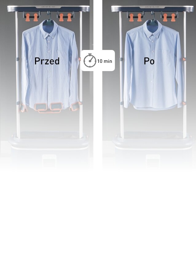 Obraz przedstawia porównanie koszuli przed i po użyciu szafy parowej, z napisem \'Przed\' po lewej i \'Po\' po prawej stronie. Pomiędzy nimi znajduje się ikona zegara z napisem \'10 min\'.