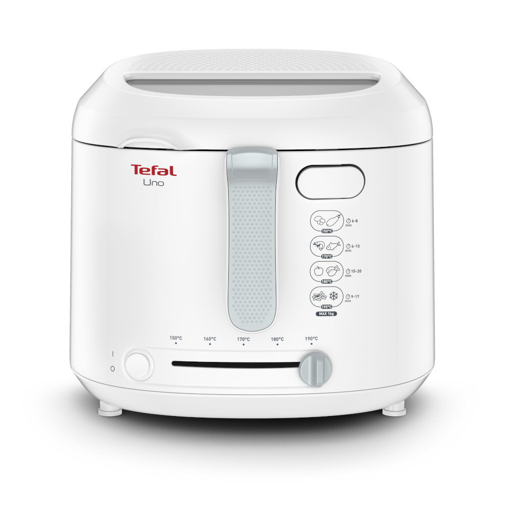 Biała frytkownica z logo \'Tefal Uno\' na obudowie, posiada okienko do obserwacji postępów. Na froncie widoczne są piktogramy z czasami smażenia oraz pokrętło do regulacji temperatury od 150°C do 190°C.