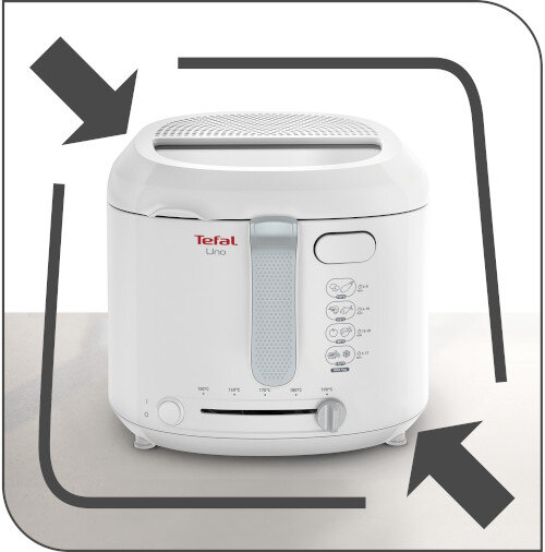 Biała frytkownica z okienkiem do obserwacji postępów, posiada pokrętło do regulacji temperatury oraz oznaczenia czasów smażenia. Widoczne jest logo \'Tefal Uno\'.