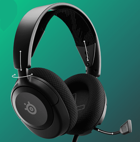 Czarne słuchawki nauszne z mikrofonem, z widocznymi strzałkami wskazującymi możliwość regulacji. Na nauszniku znajduje się logo SteelSeries.