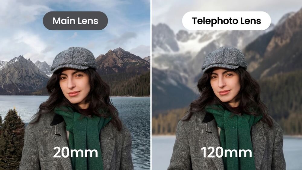 INSTA360 Luna Ultra teleobiektyw Leica Summicron z matrycą 1/1,3 przysłoną F2.0 zoomem do 12× Luna Ultra naturalnego efektu rozmycia tła telemakrofotografii - porównanie obiektywu 20 mm i 120 mm