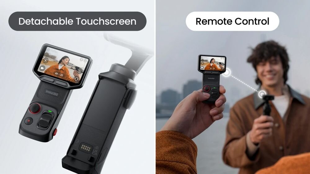 INSTA360 Luna Ultra Odłączany 2-calowy ekran dotykowy OLED Luna Ultra i Luna Pro odłączany wyświetlacz transmisją obrazu HD odległość do 20 metrów wbudowanym mikrofonem zdalny podgląd i sterowanie kamerą - odłączany ekran na jasnym tle oraz podczas używania