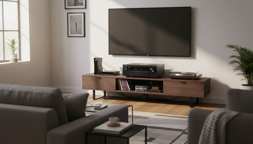 DENON AVR-X2900H DAB amplituner kina domowego 7.2 z obsługą 4K i 8K oraz tunerem DAB+, amplituner stojący na komodzie w pomieszczeniu